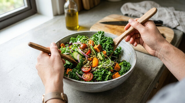 Healthy Kale Salad Preparation With Fresh Organic Ingredients Being Tossed