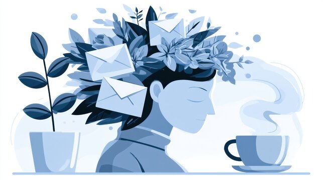 An empty mind space with digital clutter represented by leaves and envelopes, suggesting a state of clarity and focus.