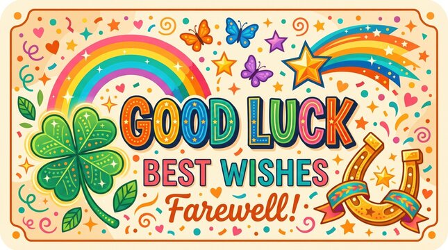 Vintage Good Luck greeting card, colorful Best Wishes farewell banner, retro illustration with four-leaf clover, rainbow and horseshoe symbols