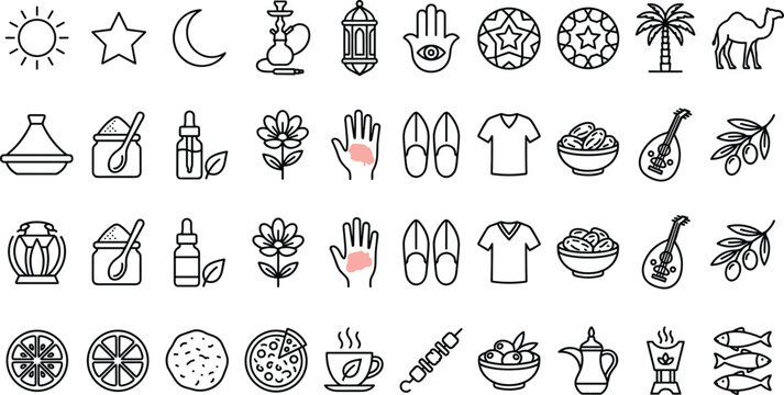 Moroccan and Middle Eastern Culture Line Icon Set with Camel Lantern Hamsa Hand Tajine and Food Vector Outline Symbols