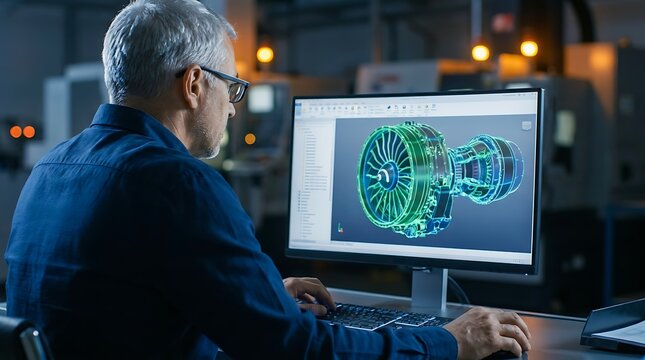 Senior engineer with glasses focused on detailed jet engine blueprint displayed on computer screen using advanced CAD software in bright industrial engineering setting.