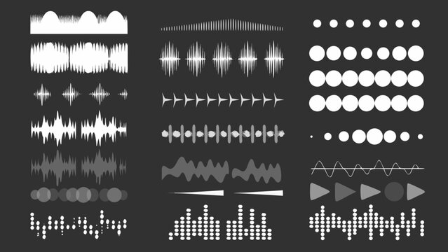 Audio Waveform Variations Collection A Comprehensive Set Of Vector Sound Visualizations On Dark Background acoustic amplitude analog