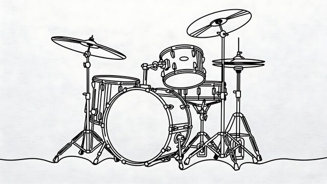 Black and white line art illustration of a drum set.