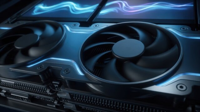 Close-Up of Gaming Graphics Card Cooling Fans with Blue Light