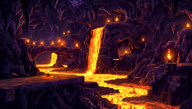 Pixel art lava cave dungeon hell landscape with molten magma river, stone bridge, torches, and underworld environment