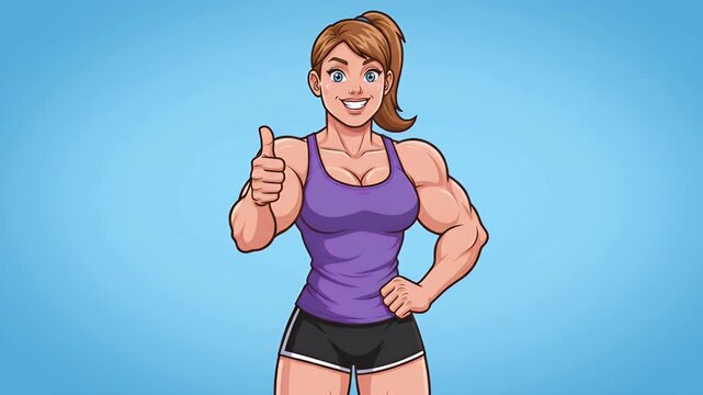 Cute Cartoon Muscular Fitness Woman Giving Thumbs Up Gesture On Plain Blue Background For Healthy Lifestyle Mascot Design And Female Empowerment Concept