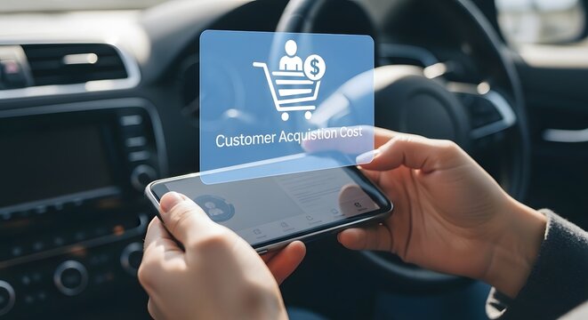 Customer acquisition cost concept on smartphone display in car interior marketing analysis