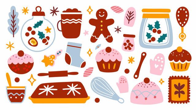 Festive Holiday Baking Collection Vector Illustration With Gingerbread Cupcakes And Baking Utensils man cookie cupcake frosting pastry