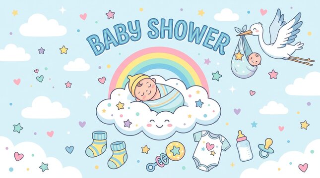 Baby shower greeting card with sleeping infant on cloud, cute stork carrying newborn baby, pastel rainbow and nursery elements on blue background
