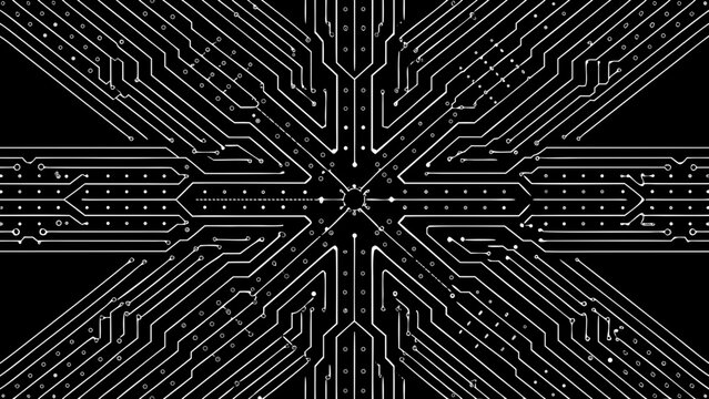 Circuit board pattern a symmetrical vector illustration with white lines on a black background circuitry electronic components