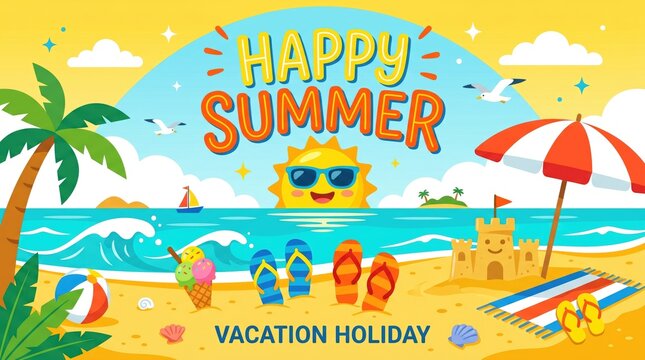 Happy Summer vacation holiday illustration, tropical beach background with palm trees and sandcastle, sunny seaside landscape with ocean waves