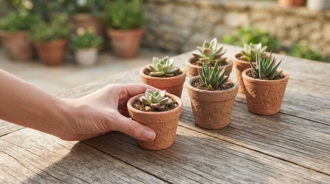 Hand holding a small succulent plant in a terracotta pot