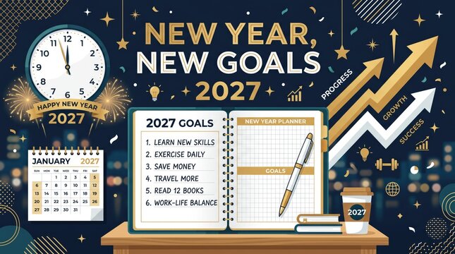 New Year 2027 goals and resolutions planner, personal growth and success concept, January 2027 calendar with business progress arrows and clock