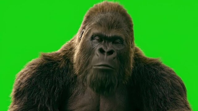 Gorilla Pretending to Think Hard, Furrowed Brows and Upward Gaze, Job Interview Concept, Green Screen Chroma Key.