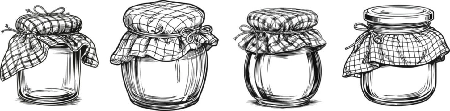 A glass jar of homemade autumn fruit jam is beautifully presented with a checkered fabric lid tied with a small string bow, set against a solid white background in crisp black and white line art