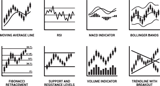 Collection of trading indicators and chart patterns including RSI MACD Bollinger Bands Fibonacci and trend lines.
