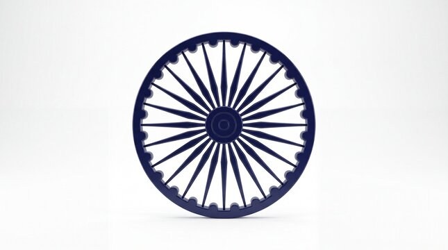 Ashoka Chakra symbol with 24 spokes, navy blue dharma wheel on white background, national emblem of India icon for independence day celebrations