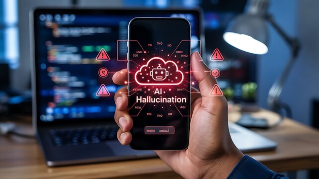 Hand holding smartphone displaying AI hallucination alert with cloud icon and warning symbols, laptop with code in background, concept of artificial intelligence risks.