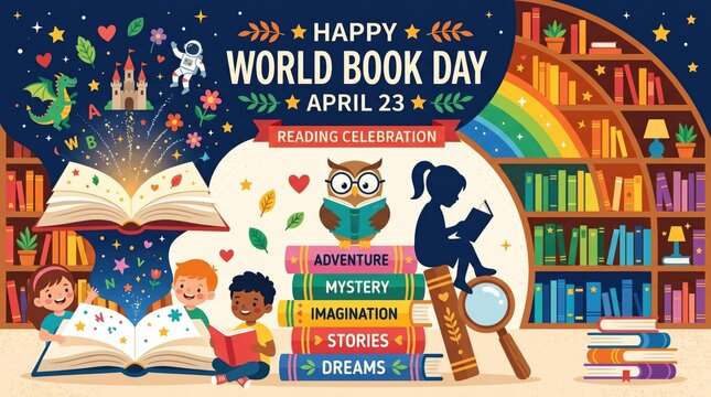 World Book Day celebration banner, children reading storybooks in library, colorful imagination and literacy concept for April 23 event