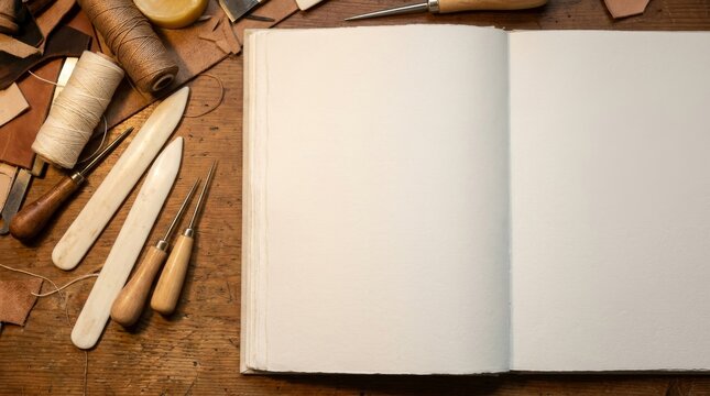 Traditional Bookbinding Workspace: An open, blank notebook resting on a rustic wooden table surrounded by bookbinding tools, bone folders, and spools of thread