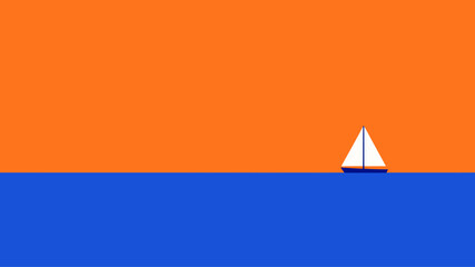 Minimalist vector illustration of a single white sailboat floating on a vibrant blue ocean against a solid orange sunset sky backdrop © MuhammadHaris