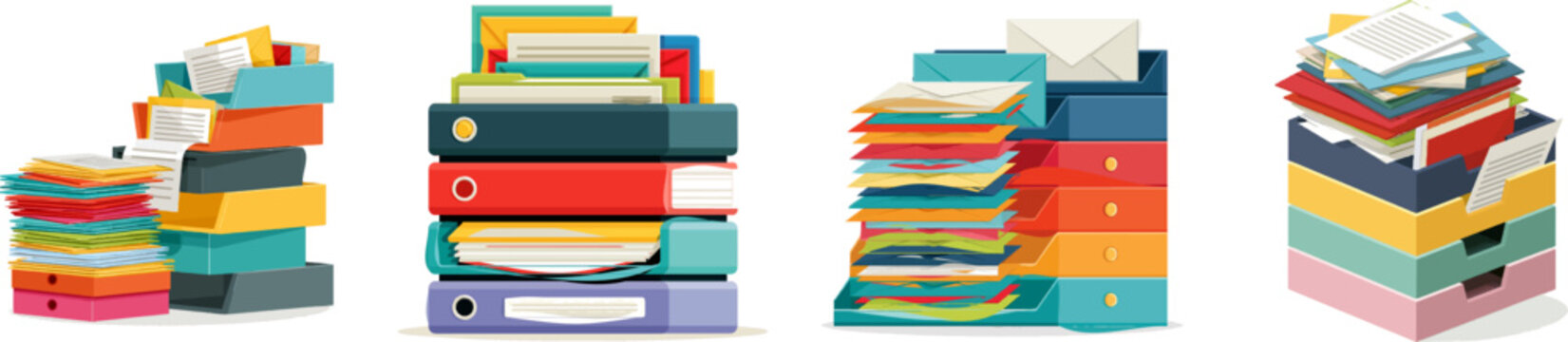 A vibrant flat vector icon depicts an overflowing mail pile being sorted into multi-tiered letter trays, showcasing bright colors and modern UI design against a pure white background