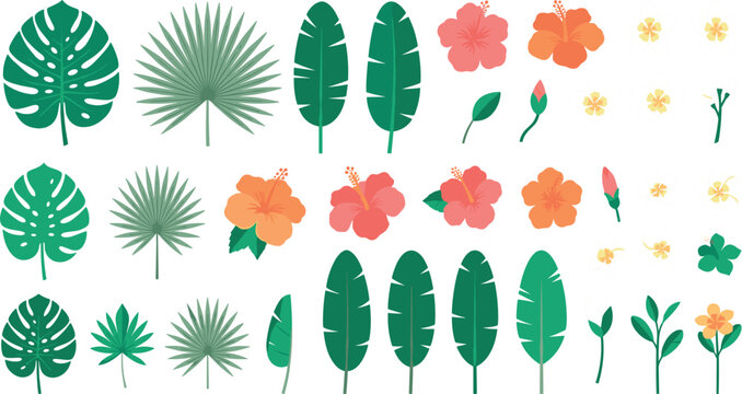 Tropical Leaf and Hibiscus Flower Vector Element Set with Monstera, Banana Leaves, and Exotic Blossoms for Summer Hawaiian Party Graphic DesignsTropical Leaf and Hibiscus Flower Vector Element Set wit