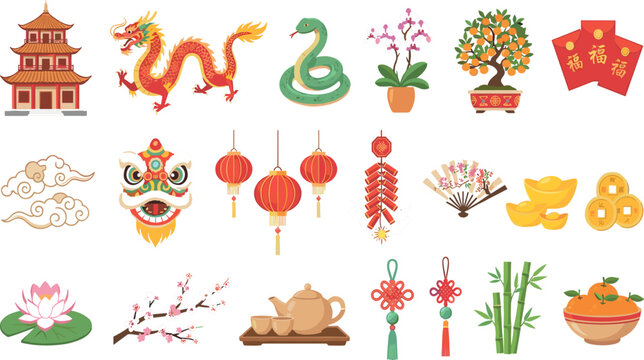 Traditional Chinese New Year and Lunar Festival Vector Icon Set with Dragon, Lanterns, Red Envelopes, Pagoda, and Cultural Celebration Elements for Holiday DesignsTraditional Chinese New Year and Luna