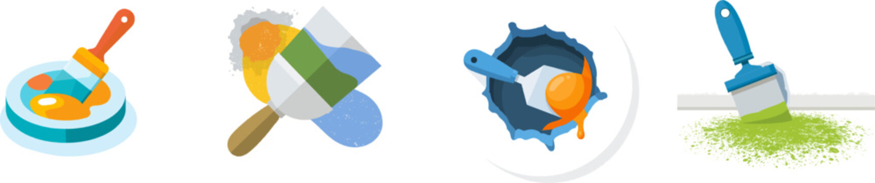 A vibrant flat vector icon depicts a hole in drywall being filled with spackle paste using a putty knife, rendered in bright colors against a clean white background
