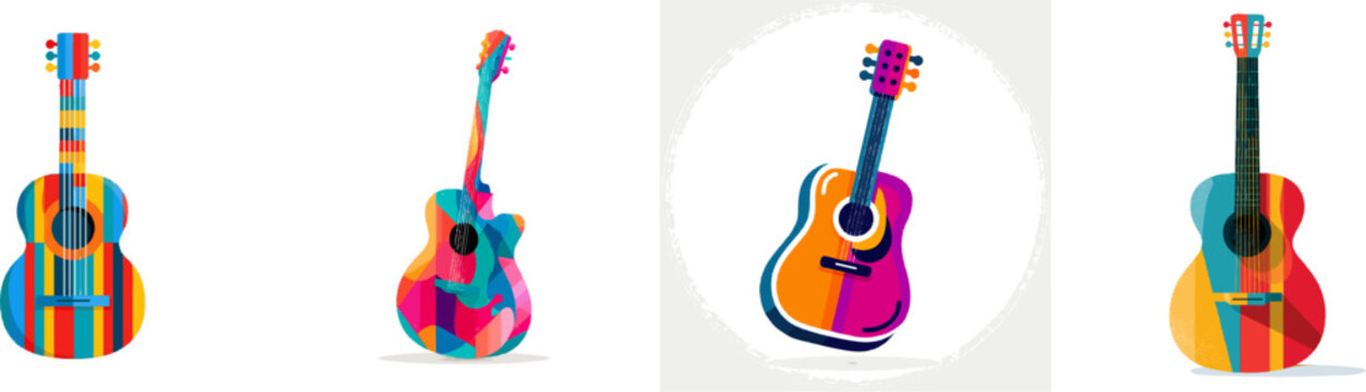A vibrant, colorful flat vector icon of an acoustic guitar features bright colors, modern UI style, clean lines, and is isolated on a pure white background