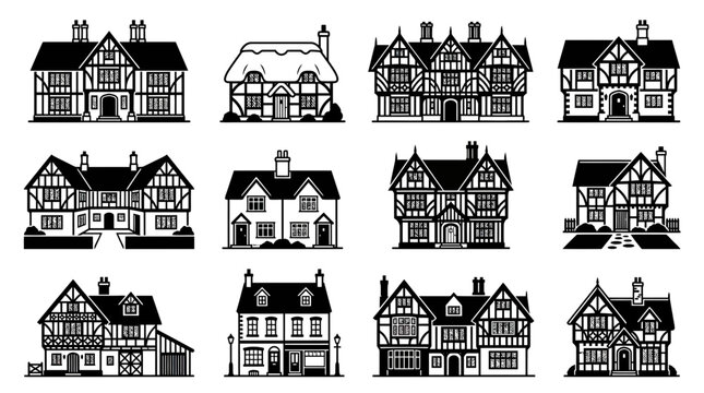Tudor Style Houses Collection - Black and White Vector Illustrations