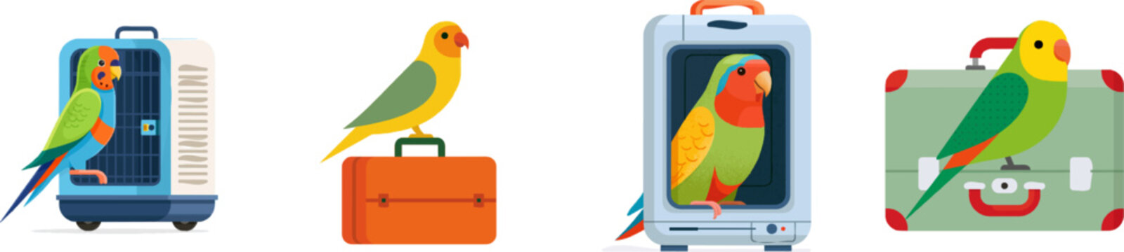 A vibrant parrot perches atop a sleek blue pet carrier with clean lines and bright colors, set against a pristine white backdrop