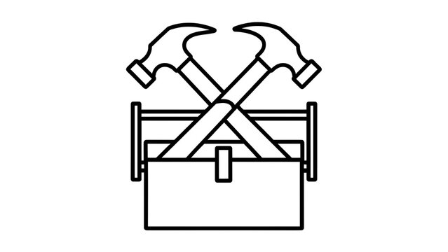 Crossed hammers on toolbox icon white background.