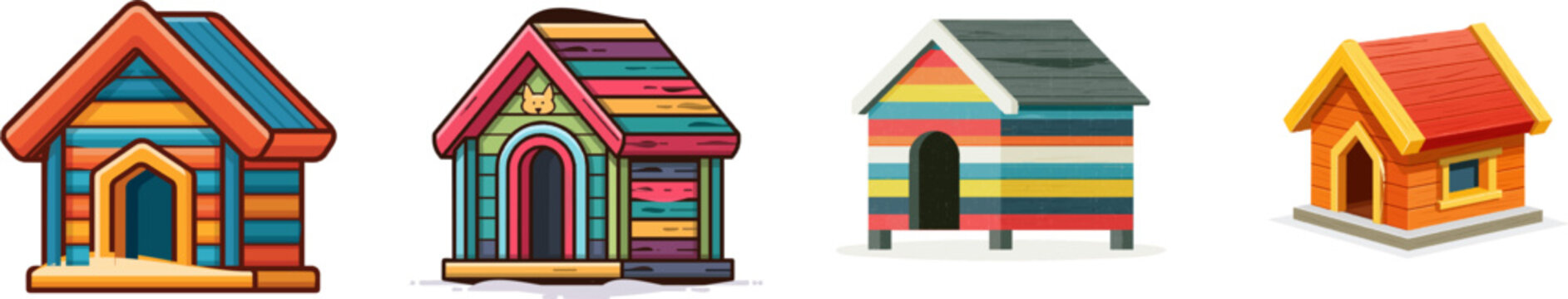 A vibrant, flat vector icon of a wooden dog house with a pitched roof features bright colors and clean lines, isolated on a pure white background