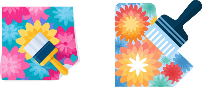A vibrant flat vector icon depicts a floral wallpaper being applied with a paste brush, showcasing bright colors and modern UI design elements against a clean white background