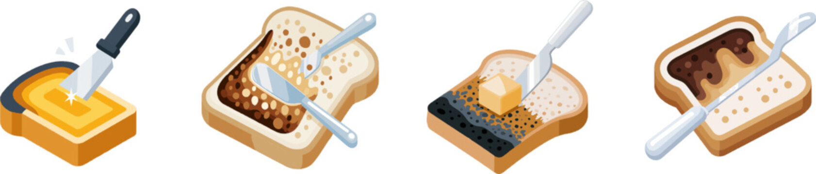 A vibrant flat vector icon depicts a slice of toasted bread with a butter knife scraping off the crust against a clean, white background
