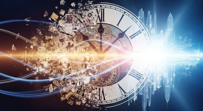 Clock face with memories dissolving into a futuristic digital city