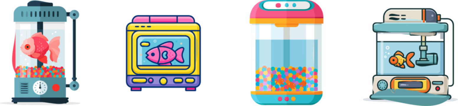 A vibrant flat vector icon of an electronic automatic fish food dispenser features bright colors, modern UI design, clean lines, and a lively scene with a pink fish amidst colorful pellets inside a