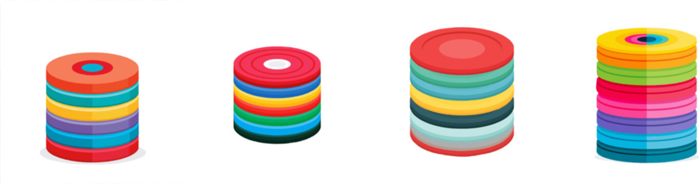 A vibrant, flat vector icon depicting a stack of colorful game discs, each layer distinct in color, arranged neatly against a pristine white backdrop