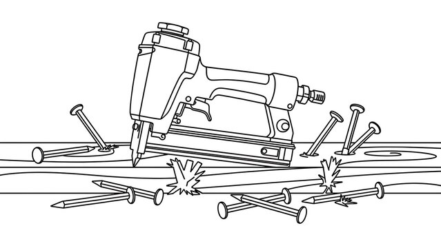 Electric Nail Gun with Fasteners on Wooden Surface.