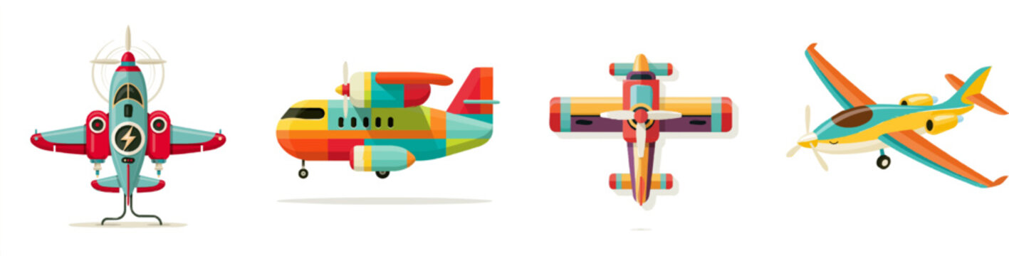A vibrant, retro-inspired electric airplane icon features a sleek turquoise body with red accents, complete with propellers and a lightning bolt symbol, all set against a clean white background