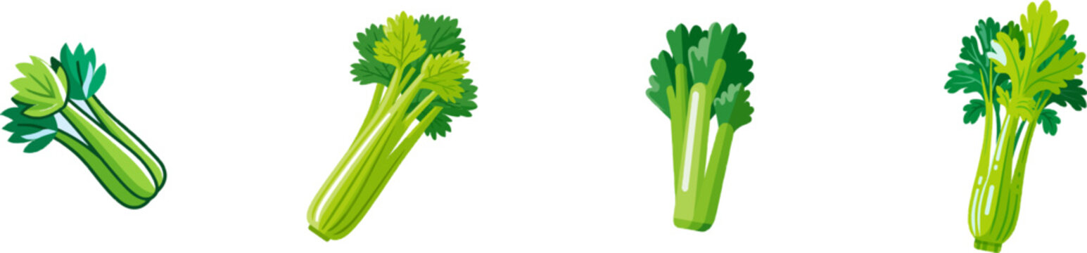 A vibrant flat vector icon of a crisp green celery stalk with leaves, set against a pure white background in a modern UI style, features clean lines and bright colors