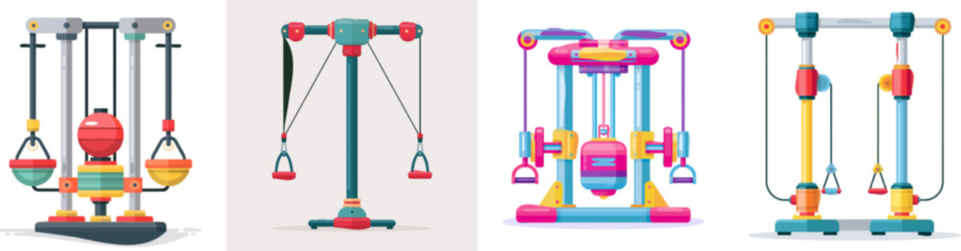 A vibrant flat vector icon of an adjustable cable crossover machine features bright colors, modern UI design, clean lines, and is isolated on a pure white background