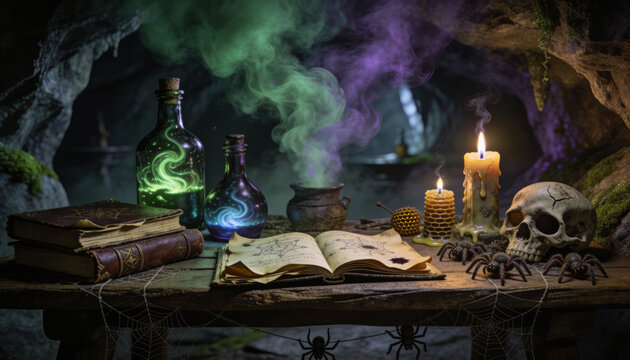 Sorcerer table with magic potions, ancient spell books, and a skull