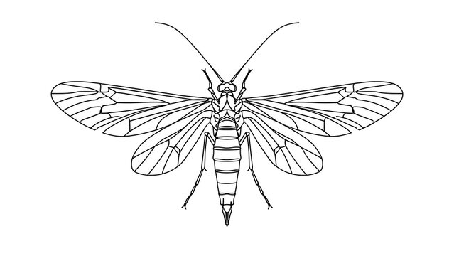 Detailed insect line drawing on white background.