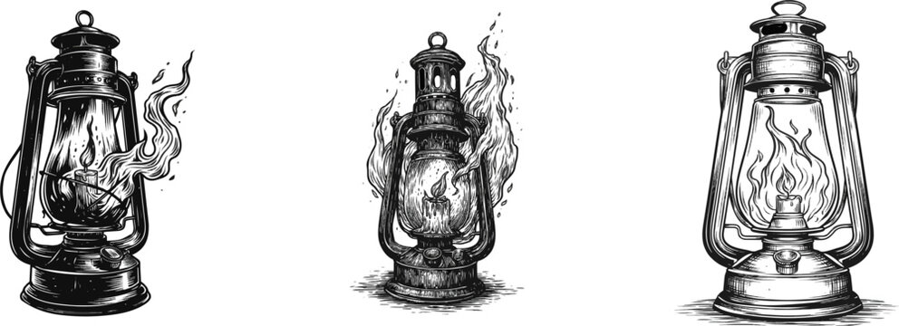A vintage lantern with a flickering candle inside emits ghostly flames against a stark white background