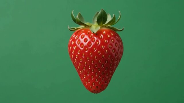 Single rotating fresh strawberry isolated on solid green background with seamless loop animation, strawberry animation, green screen