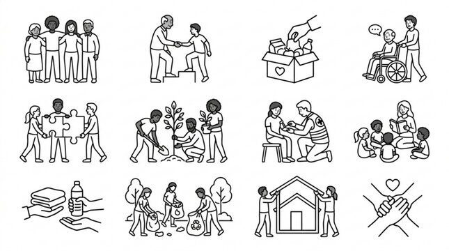 Set of volunteer and community service icons representing social care charity work environmental protection and teamwork in a clean flat line art style