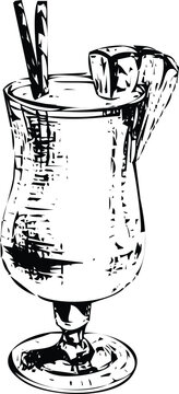 Black and white hand drawn sketch of a refreshing tropical cocktail in a tall glass cup Vector, illustration