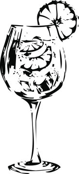 Black and white hand drawn sketch of a cocktail glass with fruit slices garnish Vector, illustration